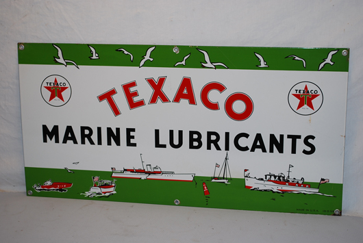 Texaco Marine: The top lot of the sale was this Texaco Marine Lubricants single-sided porcelain sign, which sold for $6,325. Image courtesy of Matthews Auctions LLC.